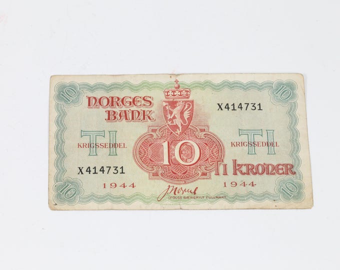Ten kroner 1944 Norwegian war banknote X414731 | Rare war bank note | Collectible Currency | Collectible London bank note