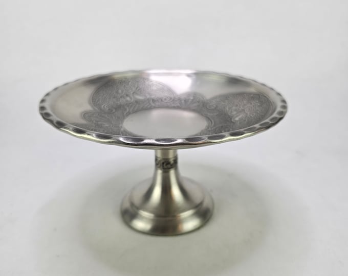Elegant Pewter Cake Stand - Handcrafted Norwegian Tin Art with Delicate Rose Design - Unique Norwegian Folkart Piece