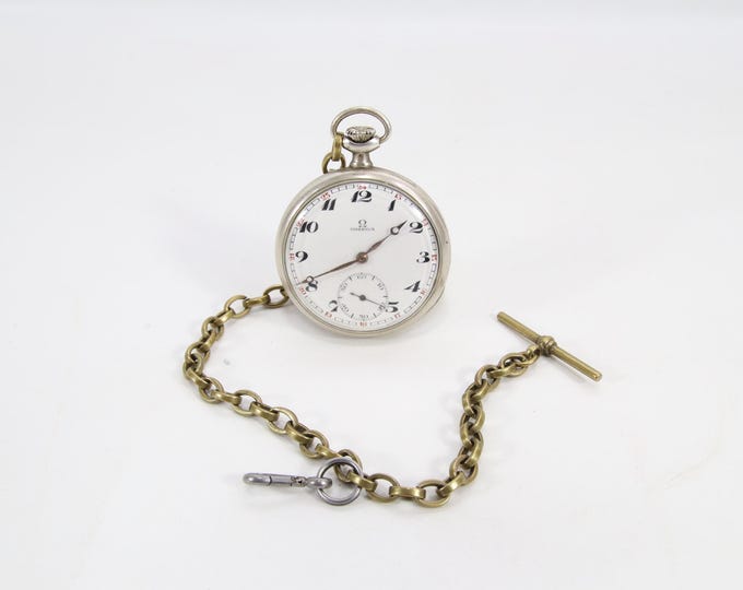 Vintage Omega 0.800 Silver Pocket Watch | Early 1900s Swiss 15J Manual | Arabic Dial | Works | Includes Vintage Brass Chain