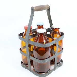 Vintage Norwegian Milk Bottles with Basket | Authentic 1920s Norwegian Milk Bottles | Authentic Amber Hue | Rustic Decor
