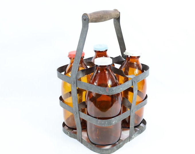 Vintage Norwegian Milk Bottles with Basket | Authentic 1920s Norwegian Milk Bottles | Authentic Amber Hue | Rustic Decor