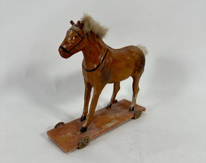 Vintage German Pull Toy | Early 20th Century Paper Mache and Wood | Collector's Piece