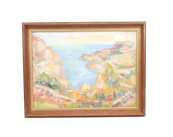 Original Norwegian Oil Painting on Panel – 1960s Signed Coastal Landscape with Fjord and Cliffs, Mid Century Modernist Wall Art