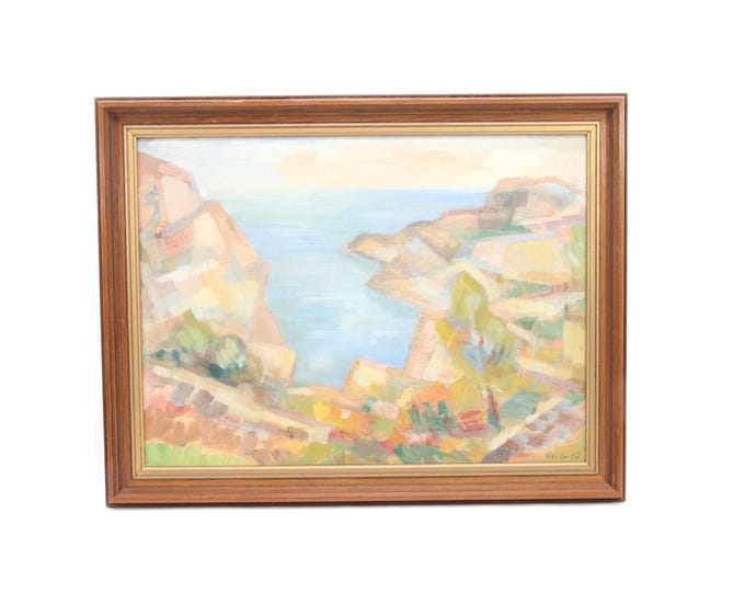 Original Norwegian Oil Painting on Panel – 1960s Signed Coastal Landscape with Fjord and Cliffs, Mid Century Modernist Wall Art