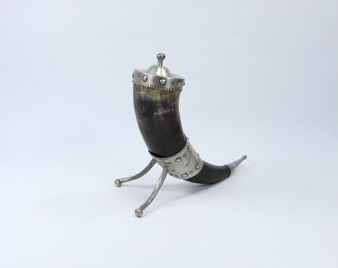 Handcrafted Collectible Vintage Viking Beer Horn - Cow Horn and Pewter - Nordic Drinking Vessel - Norwegian Heritage Decor