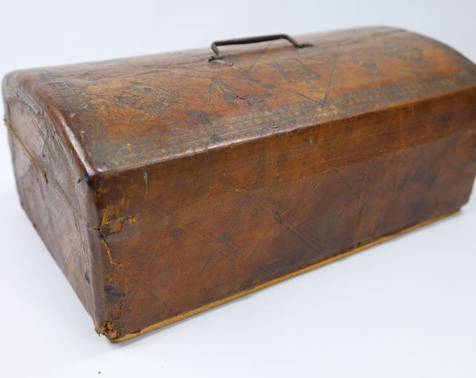 Stylish 1920s Leather Chest - Vintage King George Keepsake Box - Folk Art