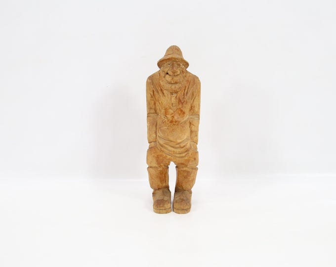 Vintage 1960s Norwegian Hand-Carved Wood Fisherman Figure | Signed CL Hasle | Nordic Folk Art Mid-Century Sculpture