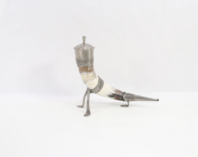 Norwegian Viking Drinking Horn Tokke Tinn Pewter and Cow Horn Decor | Scandinavian Folk Art Object | Vintage 1970s Nordic Collectible