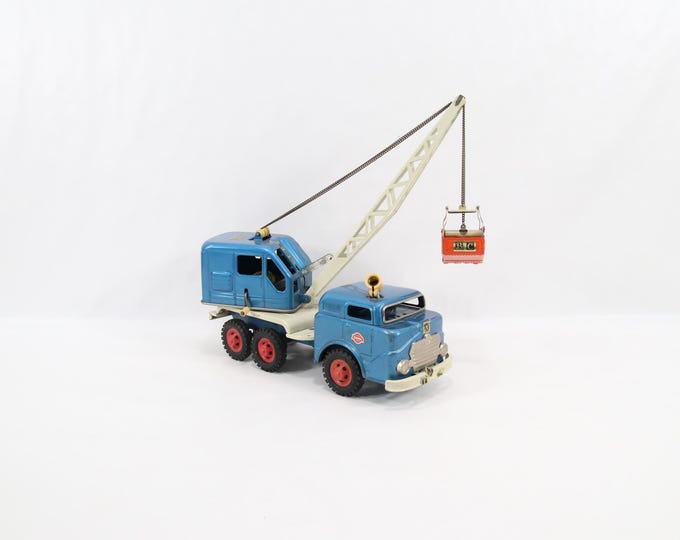 1950s GAMA West Germany Tinplate Crane Truck | Large Mechanical Toy Crane | Working Friction Drive, Lift Boom, Rotating Cab | Vintage
