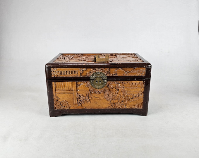 Vintage 1960s Hand Carved Camphor Wood Trinket Box - Small Chest for Jewelry and Treasures
