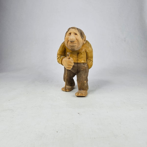 Rare 1950s Bjarne Walle Hand-Carved Wooden Figure - Norwegian Folk Art Collectible Sculpture