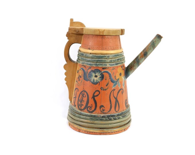 Antique Norwegian Ale Tankard Hallingdal - Hand Painted Folk Art Ale Jug - 18th Century Scandinavian Bentwood Beer Pitcher 1741