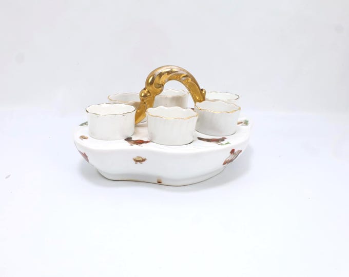 Antique Porsgrund Egg Stand 1887–1911 – “Kona paa Landet” – 6 Egg Cups – Norwegian Porcelain – Blue Anchor Mark