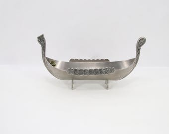 Vintage Norwegian Pewter Viking Ship Bowl | Oslo Metall Handmade Longship Centerpiece | Mid Century Scandinavian Tinn Home Decor Art