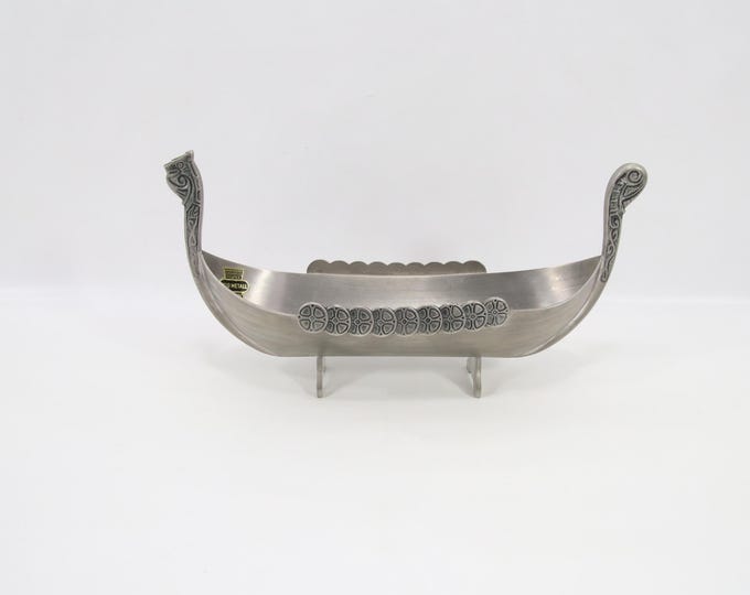 Vintage Norwegian Pewter Viking Ship Bowl | Oslo Metall Handmade Longship Centerpiece | Mid Century Scandinavian Tinn Home Decor Art