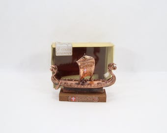 Vintage Norwegian Viking Longship Model in Original Box - Copper-Colored Metal Ship on Wood Base