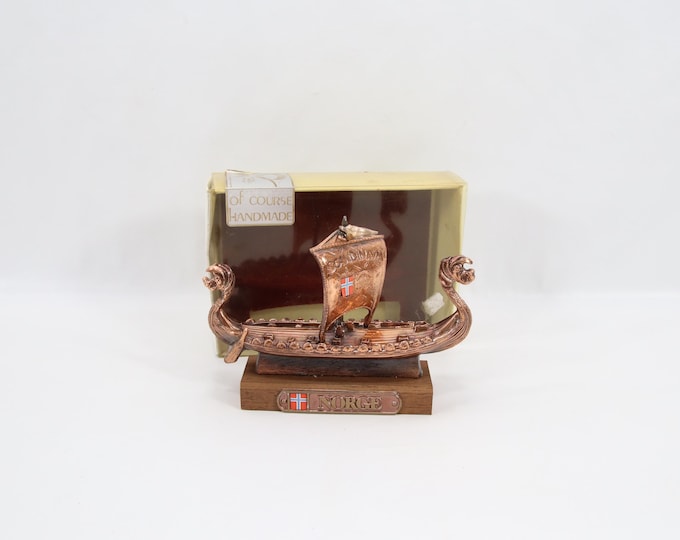 Vintage Norwegian Viking Longship Model in Original Box - Copper-Colored Metal Ship on Wood Base