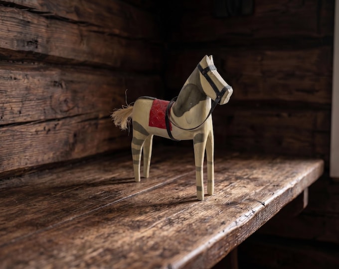 Vintage German Folk Art Horse 1940s | Painted Wood Horse Figure | Straw Tail | European Equestrian Decor | Rustic Farmhouse Collectible
