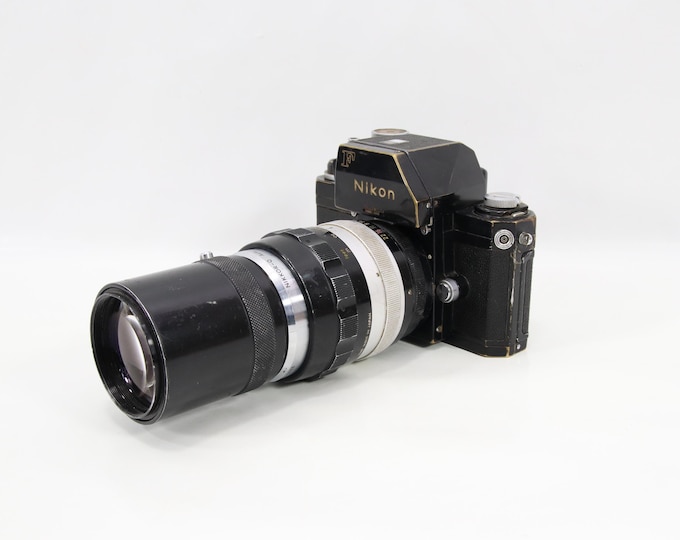 Vintage Nikon F Photomic FTN with Nikkor 200mm f4 Lens | Black 35mm SLR Film Camera | Classic Pro Camera Vintage Photo Gear