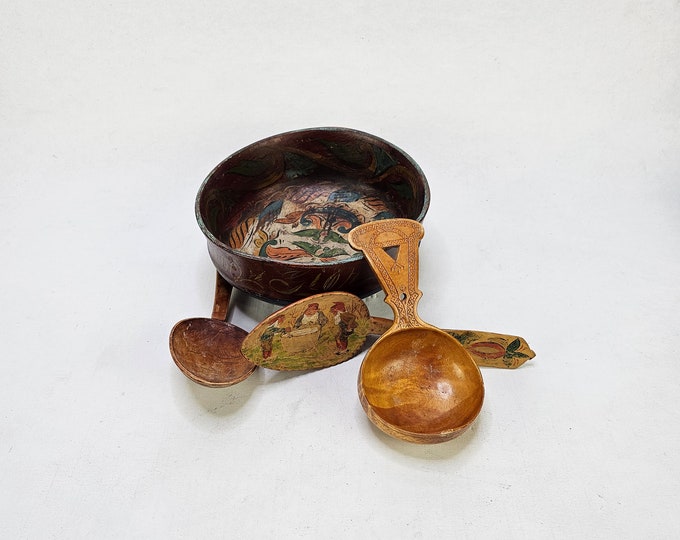 Norwegian Folkart Inspired Wooden Rosepainted Ale Bowl and Trio of Handcrafted Spoons - Rustic Table Decoration