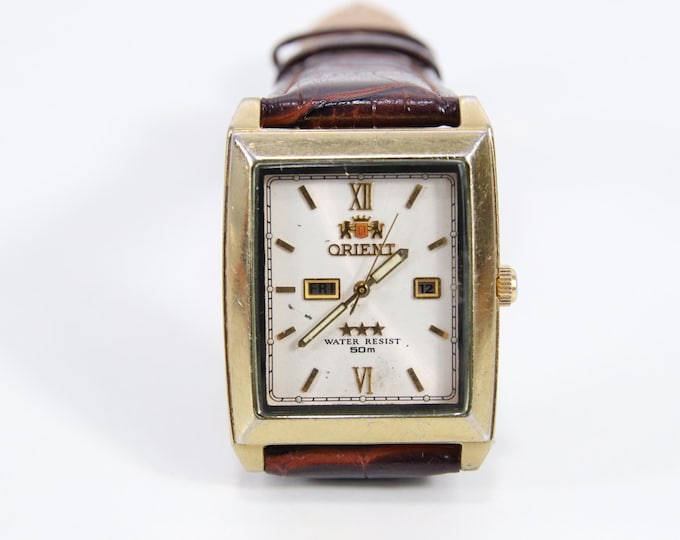 Orient Three Star Automatic Watch | Vintage Rectangular Gold Tone 29mm Men’s Wristwatch | Japan Made 21 Jewels Day Date Mechanical Watch