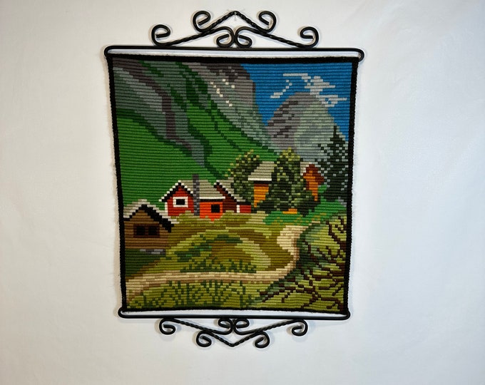Norwegian Embroidered Wall Hanging with Swirled Metal Hanger - Traditional Mountain Farm Design