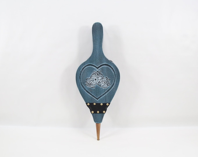 Vintage Norwegian Fireplace Bellows | 1980s Blue Heart Shaped Folk Art | Unused in Original Box Scandinavian Fire Tool