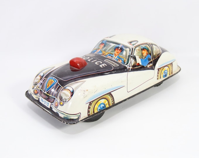 Vintage Japanese Tin Police Car PN-310 | 1950s Wind-Up Tin Toy | Retro Japanese Black & White Police Car | Mid-Century Collectible Tin Toy