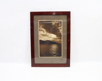 Antique Sepia Photograph | Signed Norwegian Sunset Seascape Early 1900s Original Framed Artwork Vintage Maritime Wall Art Collectiblejeg