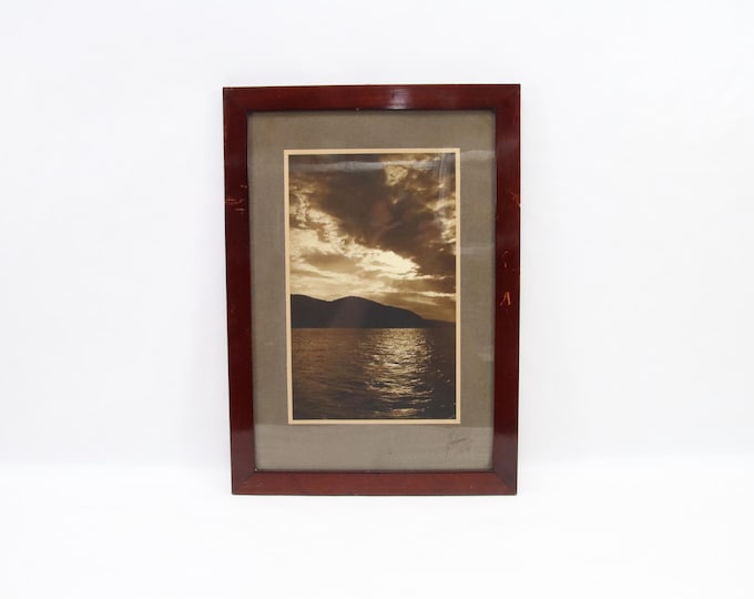 Antique Sepia Photograph | Signed Norwegian Sunset Seascape Early 1900s Original Framed Artwork Vintage Maritime Wall Art Collectiblejeg