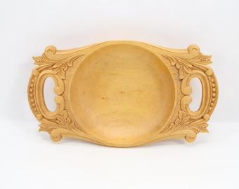 1980s Norwegian Hand Carved Wooden Bowl | Acanthus Folk Art Centerpiece | Signed Decorative Serving Dish