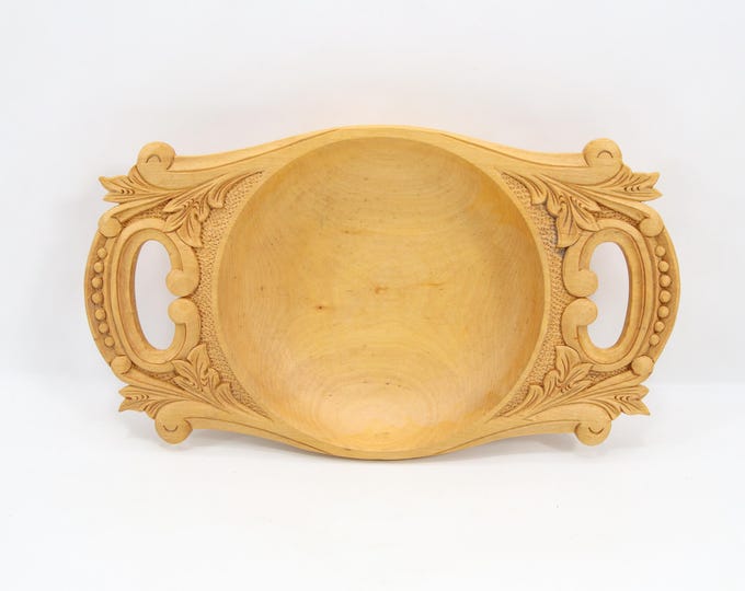 1980s Norwegian Hand Carved Wooden Bowl | Acanthus Folk Art Centerpiece | Signed Decorative Serving Dish