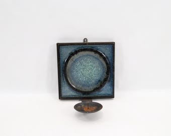Konrad Galaaen Blue Ceramic Wall Candle Holder - 1960s Scandinavian Modernist Iron Sconce