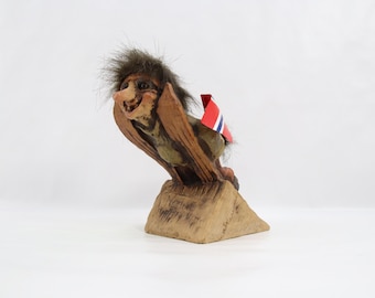 Rare NyForm Ski Jumping Troll Figurine With Norwegian Flag | Handmade Norway Troll | Vintage 1980s Scandinavian Folk Art