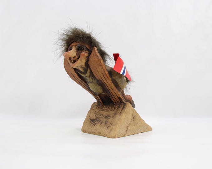 Rare NyForm Ski Jumping Troll Figurine With Norwegian Flag | Handmade Norway Troll | Vintage 1980s Scandinavian Folk Art