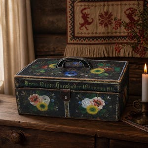 May include: A vintage wooden box with a black handle and floral designs in yellow, white, and pink. The box has the text "Anna Olive Hansdatter Gioneg. 1911" and sits on a wooden surface. A lit candle and vase are in the background.