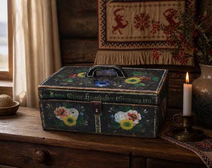 Antique Norwegian Os Rosemaling Jewelry Box | Dated 1911 Folk Art Keepsake Trunk | Hand Painted Scandinavian Decor | Rare Flat Top Chest