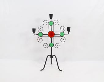 Gunnar Ander Ystad Metall Candelabra | 1960s Mid-Century Wrought Iron Candle Holder | Green & Red Glass Modernist Scandinavian Design