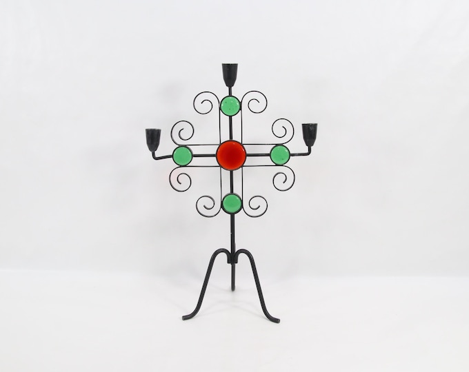Gunnar Ander Ystad Metall Candelabra | 1960s Mid-Century Wrought Iron Candle Holder | Green & Red Glass Modernist Scandinavian Design