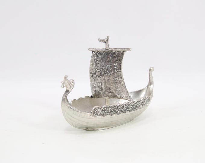 Vintage Norwegian Pewter Viking Ship | Tinn Per TPB Bergen | Mini Nordic Longship Norge Sail | Scandinavian Desk Decor Collectible