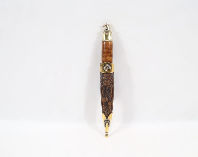 A. Ellefsen Norwegian Knife: 1960s Gilt 830 Silver, Burl Birch Handle and Carved Leather Sheath