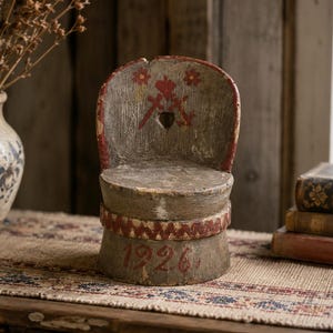 Antique Norwegian Miniature Log Chair Kubbestol | Dated 1926 | Hand Carved Folk Art Wooden Stool | Scandinavian Rustic Decor