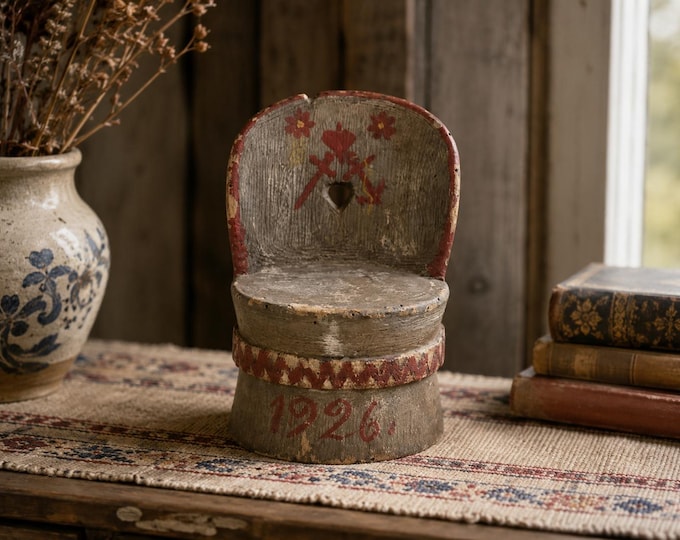 Antique Norwegian Miniature Log Chair Kubbestol | Dated 1926 | Hand Carved Folk Art Wooden Stool | Scandinavian Rustic Decor