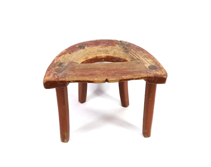Antique Norwegian Milking Stool – 19th C Telemark Folk Art Rustic Red Painted Wood Stool with Patina – Primitive Farmhouse Decor