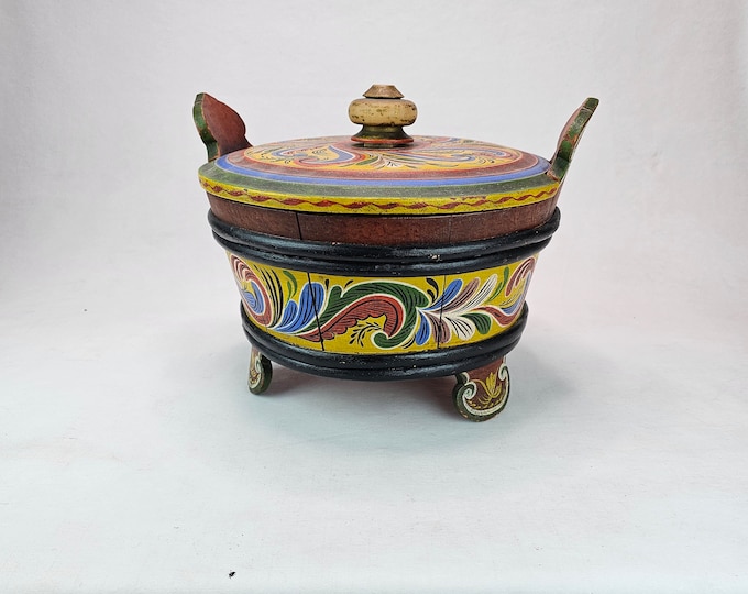 Charming Norwegian Bentwood Bucket: Antique Salt & Butter Holder with Rustic Norwegian Rosemaling