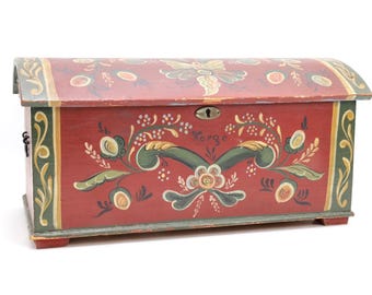 Large Norwegian Rosemaling Chest Trunk “Norge” Hand Painted Folk Art Wooden Storage Box 13.4" Vintage Scandinavian Decor