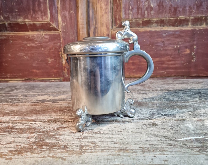 Pewter lion drinking cup, Norwegian hand made, folkart, mid-century, rare object, vintage tin cup, lion pattern,scandinavian pewter