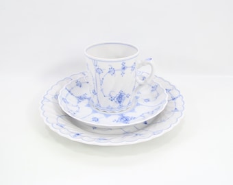 Vintage Porsgrund Straw Pattern Trio | Hand Painted Blue Porcelain | 1980s Coffee Cup Set