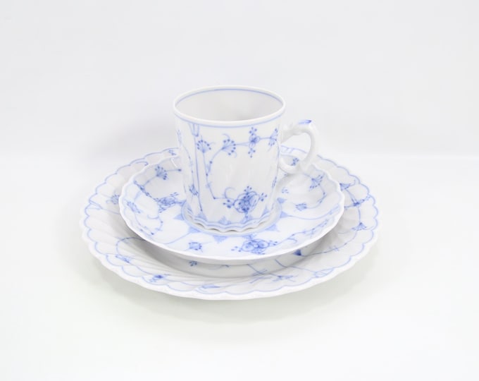 Vintage Porsgrund Straw Pattern Trio | Hand Painted Blue Porcelain | 1980s Coffee Cup Set