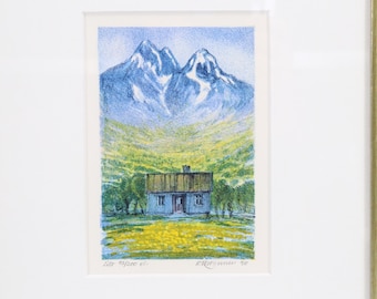 1990 Norwegian Lithograph | Mountain Landscape with Cabin | Vintage Scandinavian Nature Art Print | Signed Nordic Wall Decor